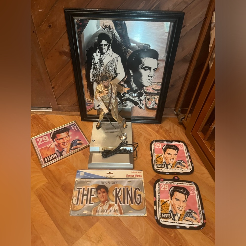 6 piece lot of Elvis Presley memorabilia.  At least 40 years old.  Mirror sold.